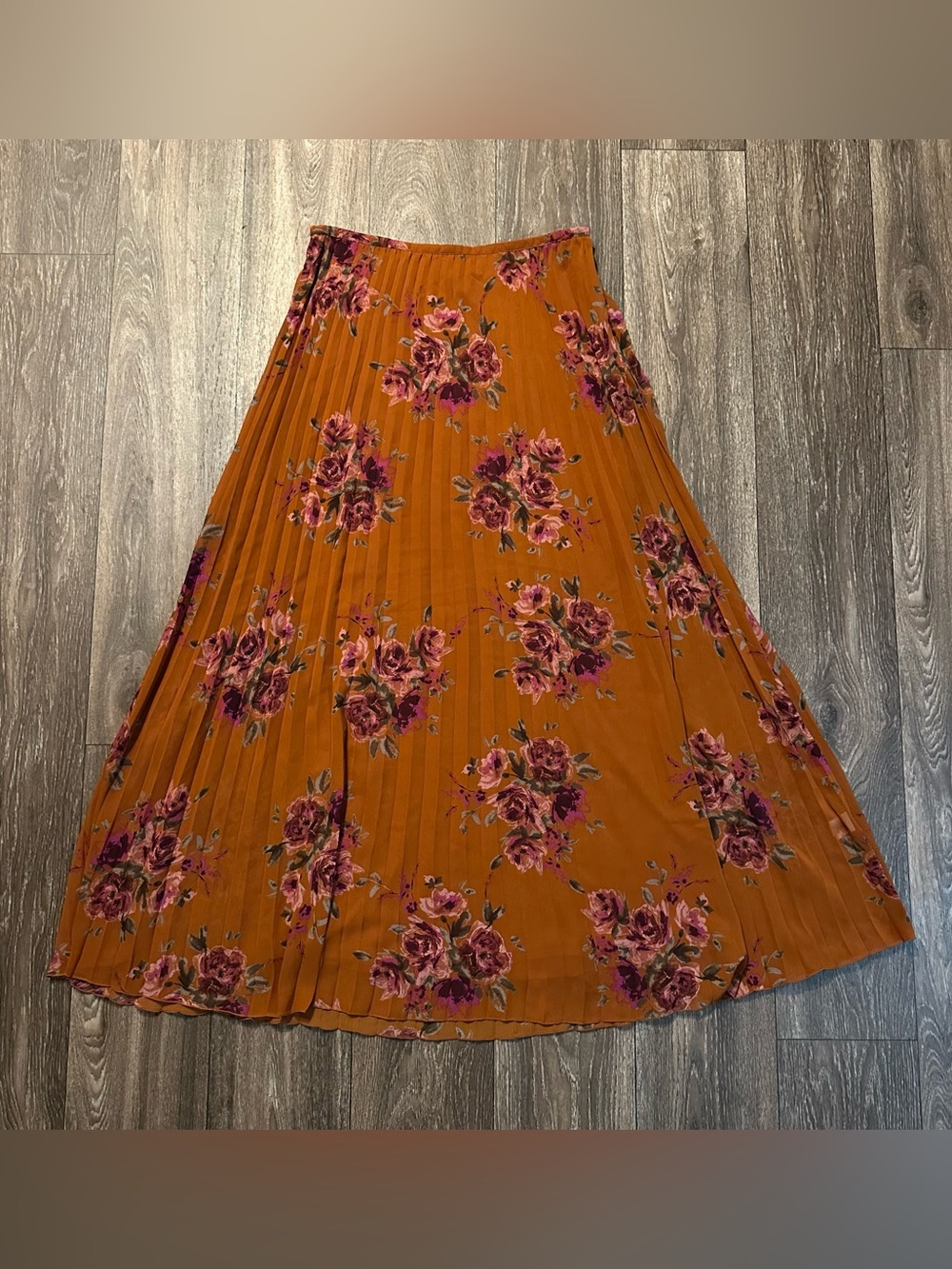 Elle Floral Pleated Maxi Skirt - Rust Orange with Pink Floral Sz 4